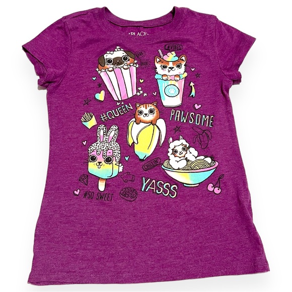 Children’s Place S 5/6 Purple Heather shirt w/Animals in Desserts & Hashtags - Picture 1 of 8